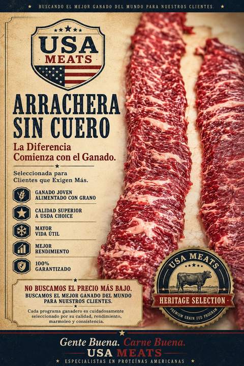 Folleto en español de Arrachera Sin Cuero USA Meats.