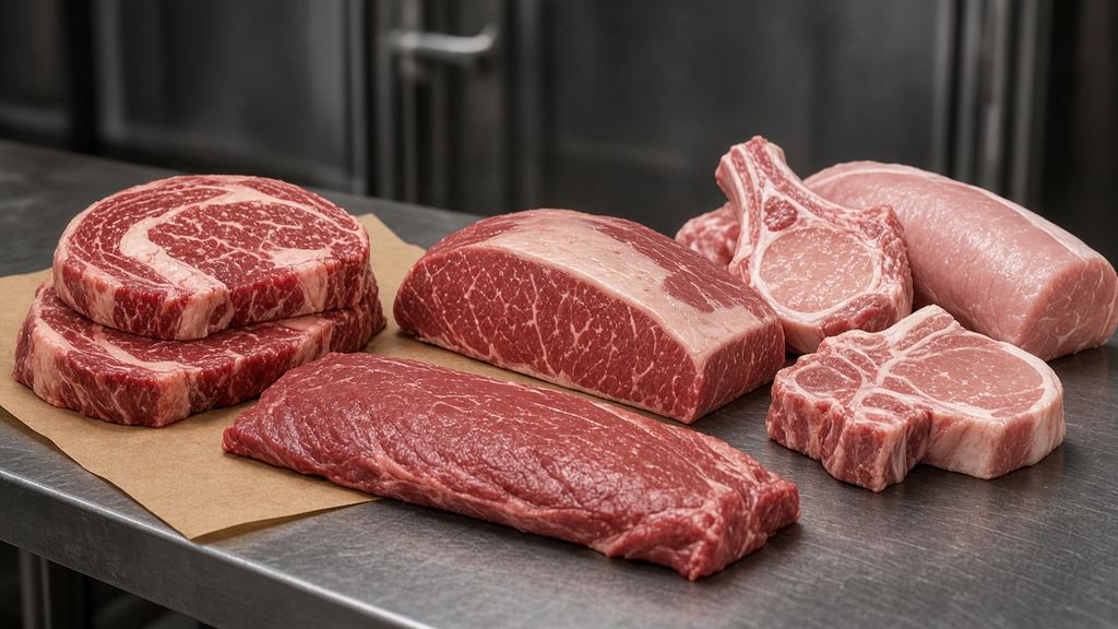 Raw marbled beef steaks and roasts beside bone-in pork chops and a pork loin on a stainless-steel table
