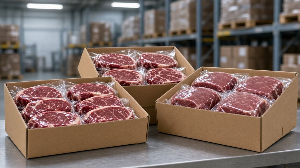 Open cases of vacuum-packed raw beef steaks on a steel table in a cold-storage warehouse