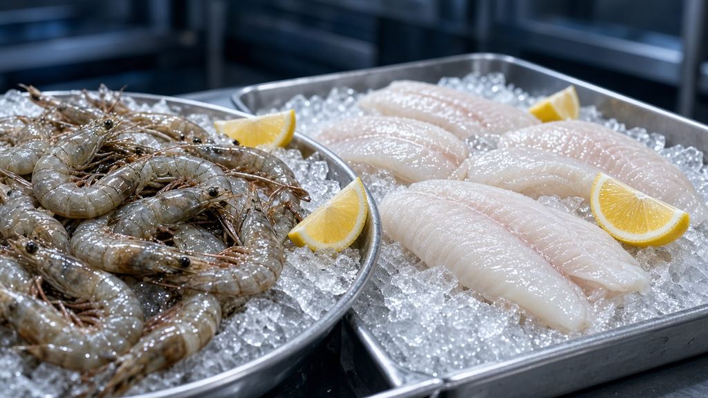 Whole raw shrimp and skinless tilapia fillets on crushed ice in stainless-steel trays
